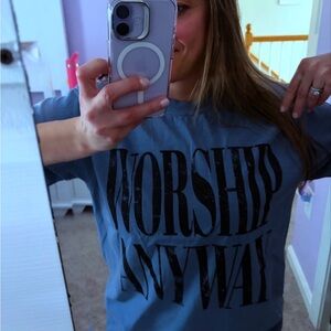 Worship Anyway Graphic Tee - Slate Blue with Black Print